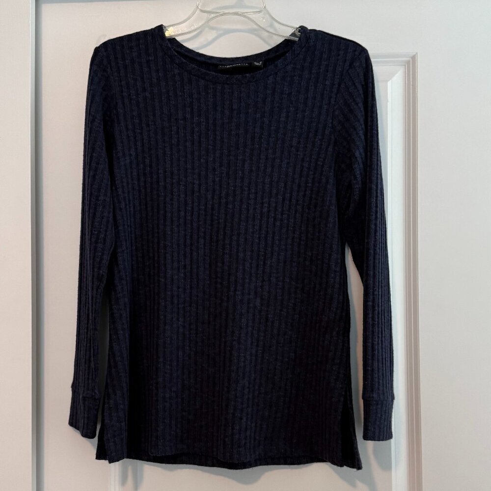 Susan Graver Weekend Navy Blue Ribbed Sweater Knit Long-Sleeve Top Size Small